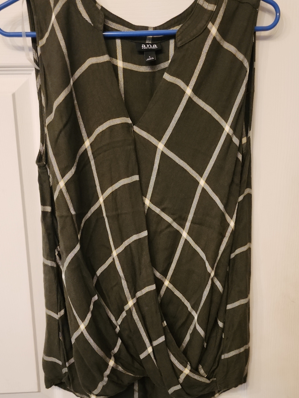 a.n.a Olive Plaid Sleeveless Wrap-Style Top